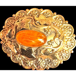 Swirled Honey Glass Cabochon Domed Signed SANDOR Etruscan Revival Vintage Brooch